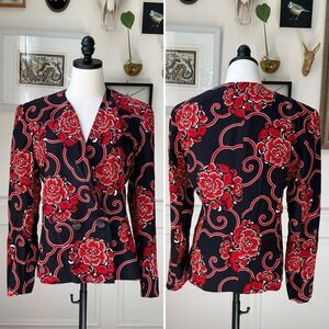 Vintage 80s Gloria Sachs Bergdorf Goodman Silk Red Floral Blazer 8